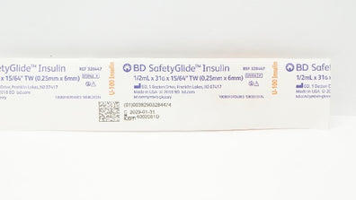BD 328447 SafetyGlide U-100 Insulin Syringe 1/2mL x 31G x 15/64inch TW